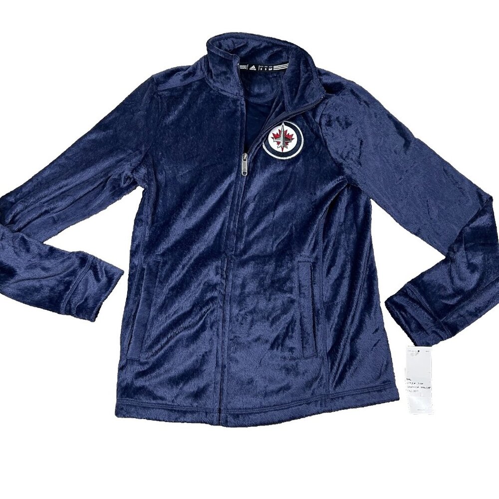 Adidas Womens Small Blue Soft Fuzzy Full Zip Winnipeg Jets NHL Hockey Jacket NWT